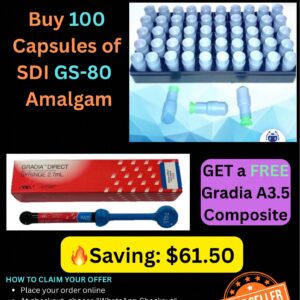 Buy 100 Capsules of SDI GS-80 Amalgam 2-Spill Regular Set + Get a FREE Gradia A3.5 Composite Syringe (2.7 ml / 5 g)